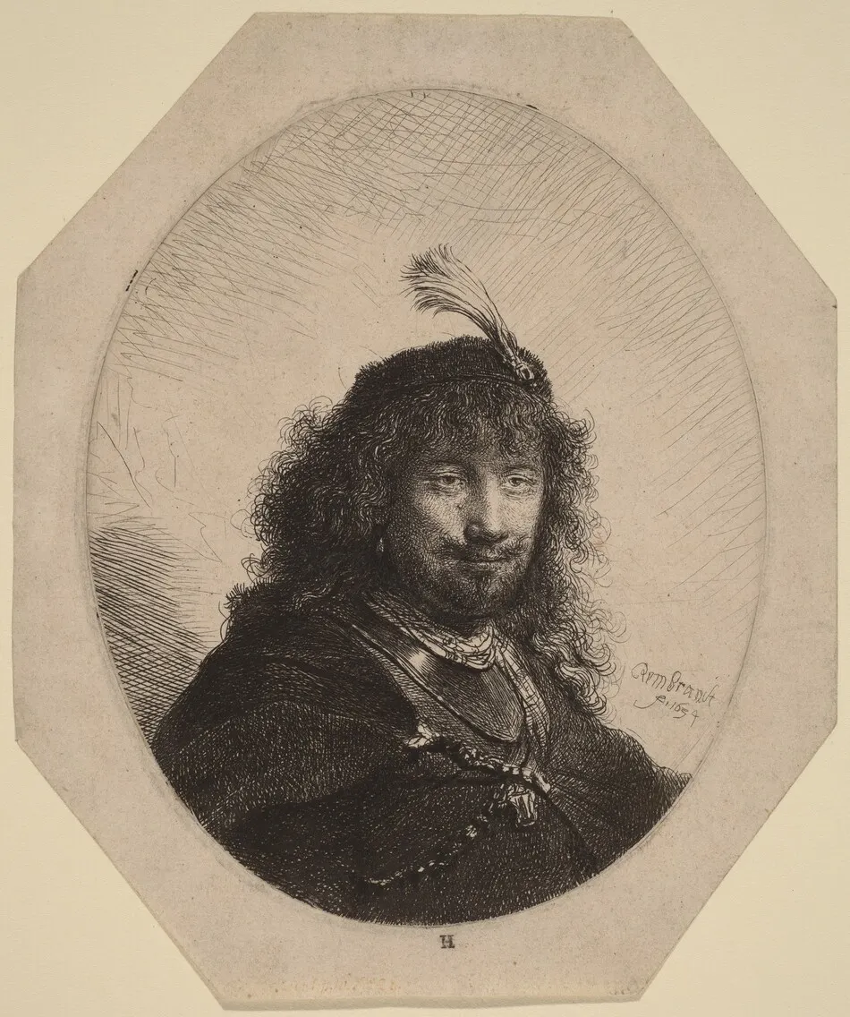 Self-Portrait (?) with Plumed Cap and Lowered Sabre by Rembrandt van Rijn