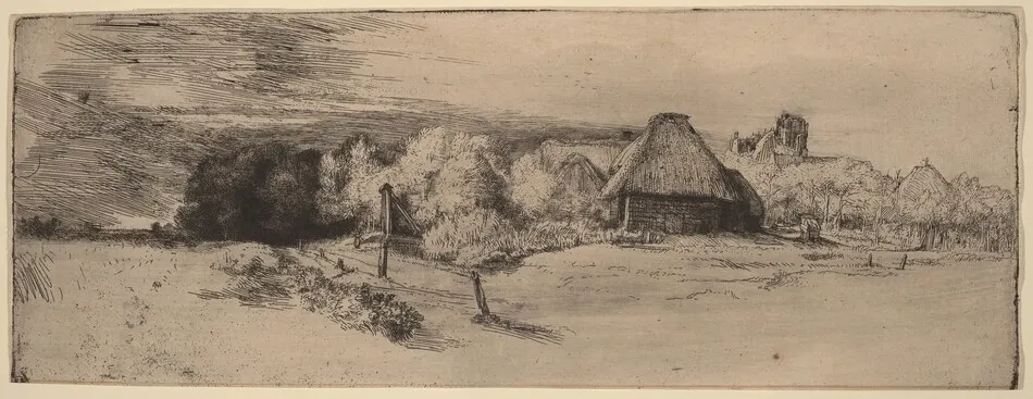 Landscape with Trees, Farm Buildings and a Tower by Rembrandt van Rijn
