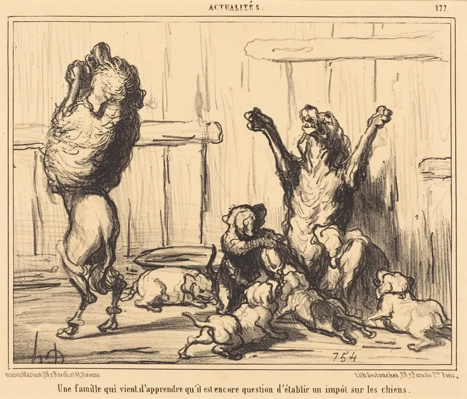 Une Famille qui vient d'apprendre...  un impot sur les chiens by Daumier, Honoré