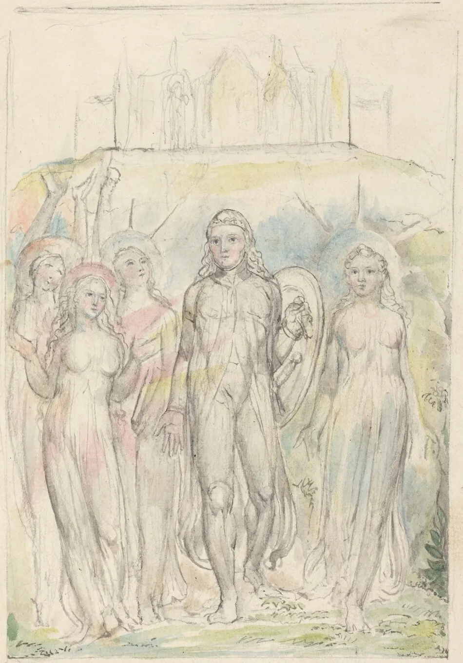 Christian with the Shield of Faith, Taking Leave of His Companions by William Blake