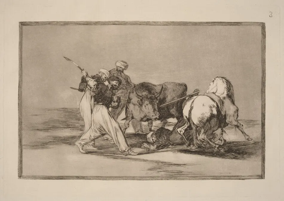 Los moros establecidos en Espana, prescindiendo de las supersticiones de su Alcoran, adoptaron esta caza y arte, y lancean un toro en el campo  (The Moors Settled in Spain, Giving up the Superstitions of the Koran, Adopted This Art of Hunting, and Spear a Bull in the Open) by Francisco Goya