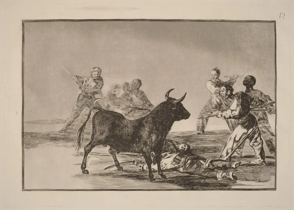 Desjarrete de la canalla con lanzas, medias-lunas, banderillas y otras armas (The Rabble Hamstring the Bull with Lances, Sickles, Banderillas and Other Arms) by Francisco Goya