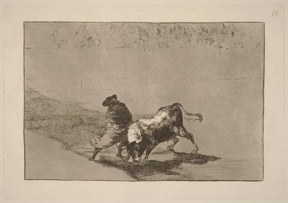 El diestrisimo estudiante de Falces, embozadoburla al toro con sus quiebros (The Very Skillful Student of Falces, Wrapped in His Cape, Tricks the Bull with the Play of His Body) by Francisco Goya