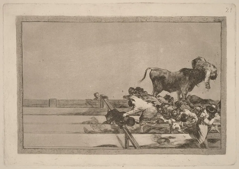 Desgracias acaecidas en el tendido de la plaza de Madrid, y muerte del alcalde de Tor rejon (Dreadful events in the Front Rows of the Ring at Madrid and Death of the Mayor of Torrejon) by Francisco Goya