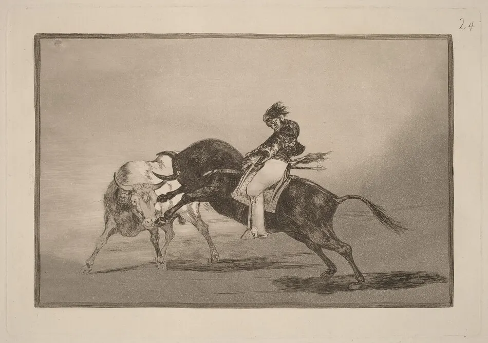 El mismo Ceballos montado sobre otro toro quiebra rejones en la plaza de Madrid (The Same Ceballos Mounted on Another Bull Breaks Short Spears in the Ring at Madrid) by Francisco Goya