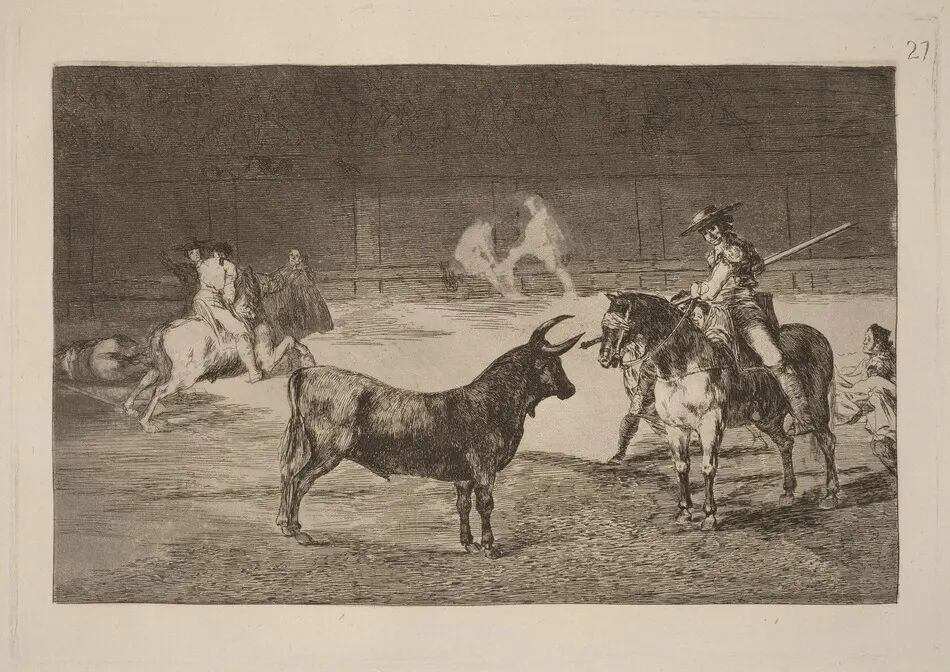 El celebre Fernando del Toro, barilarguero, obligando a la fiera con su garrocha (The celebrated Picador, Fernando del Toro, Draws the Fierce Beast on with His Pique) by Francisco Goya
