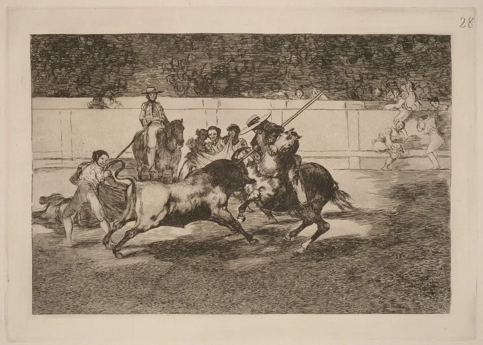 El esforzado Rendon picando un toro, de cuya suerte murio en plaza de Madrid (The Forceful Rendon Stabs a Bull with the Pique, from Which Pass He Died in the Ring at Madrid) by Francisco Goya