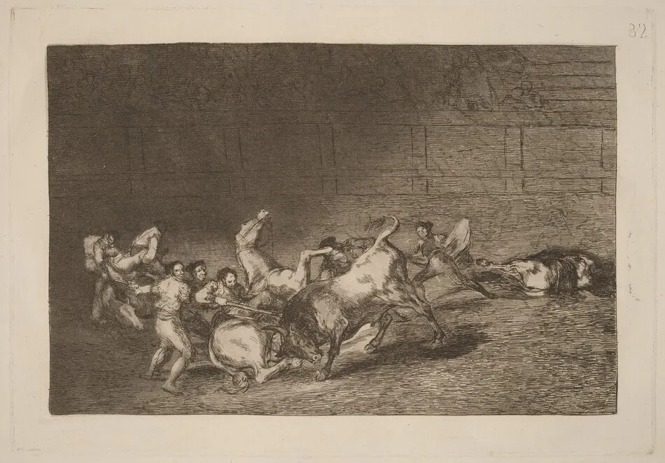 Dos grupos de picadores arrollados  de seguida por un solo toro (Two Teams of Picadors Thrown One after the Other by a Single Bull) by Francisco Goya