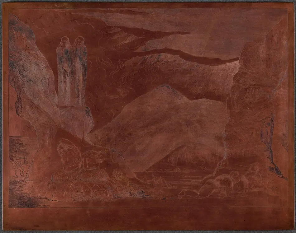The Circle of the Falsifiers: Dante and Virgil Covering their Noses because of the st by William Blake