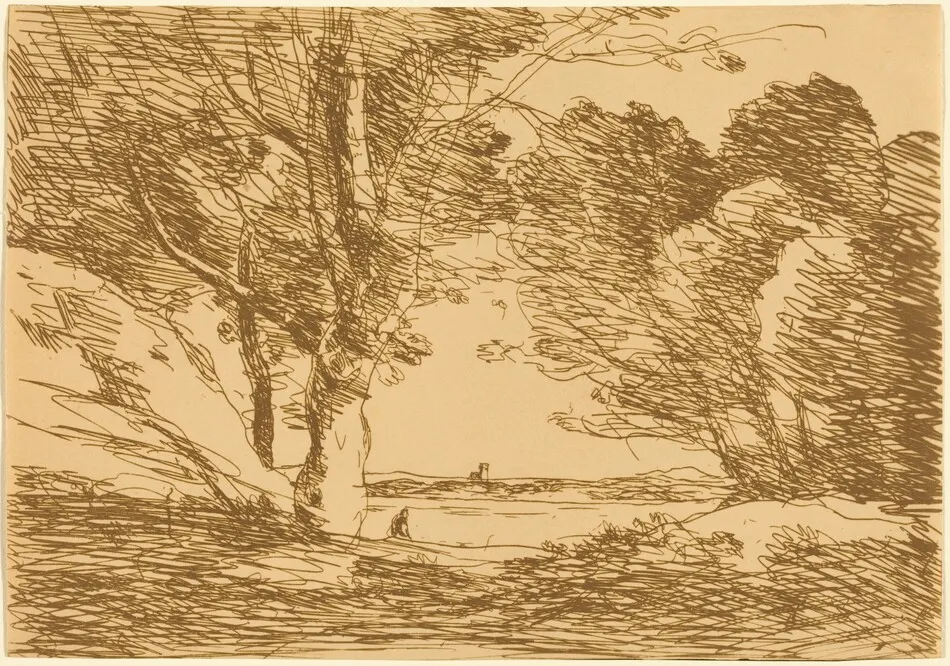 Tower on the Horizon of a Lake (Tour a l'horizon d'un lac) by Jean-Baptiste-Camille Corot