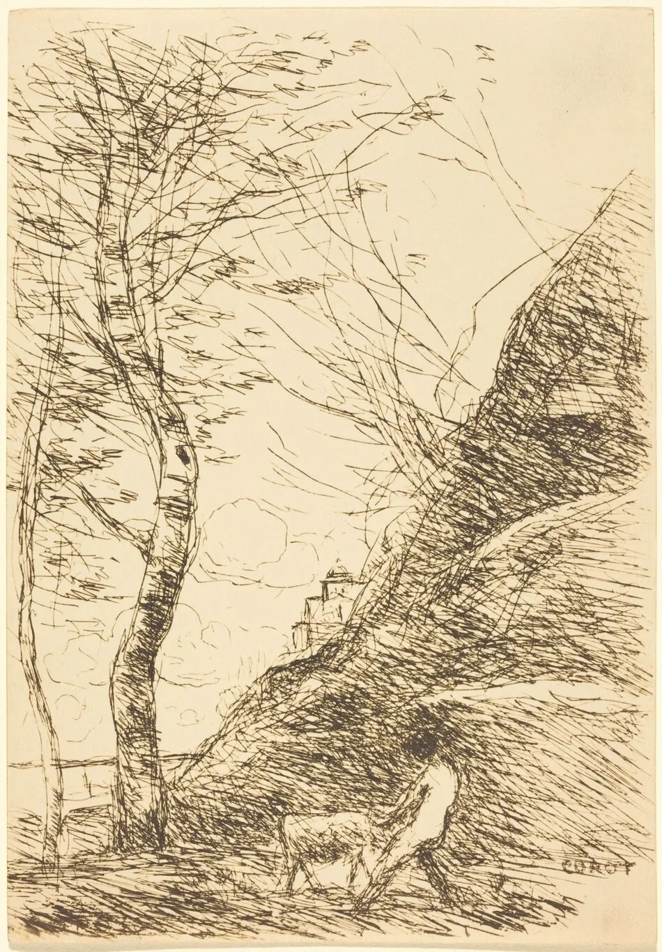 Shepherd Struggling with a Goat (Berger luttant avec sa chevre) by Jean-Baptiste-Camille Corot