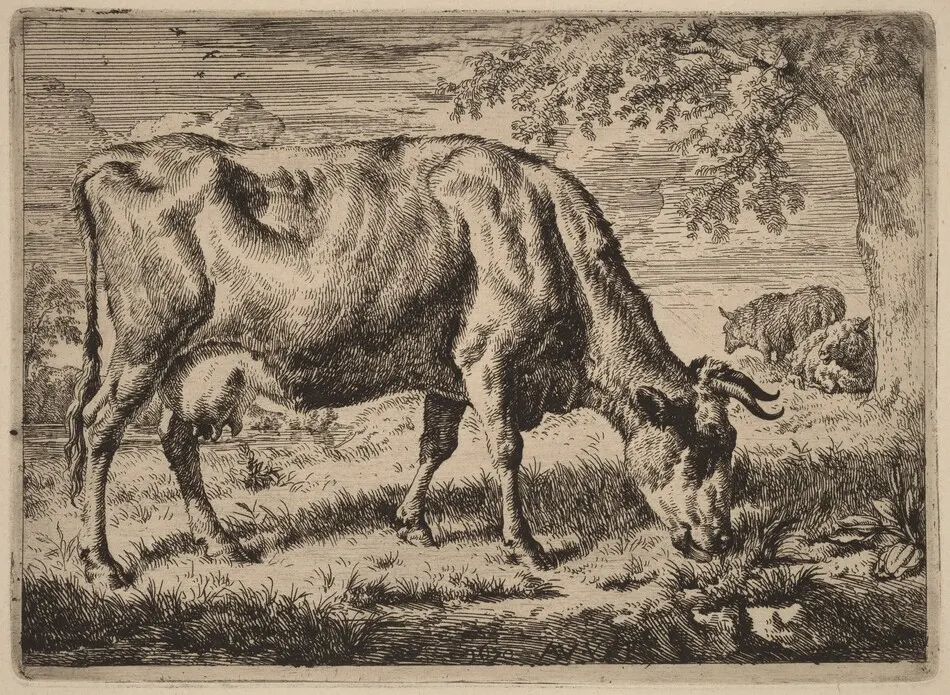 Grazing Cow with Two Sheep by Adriaen van de Velde