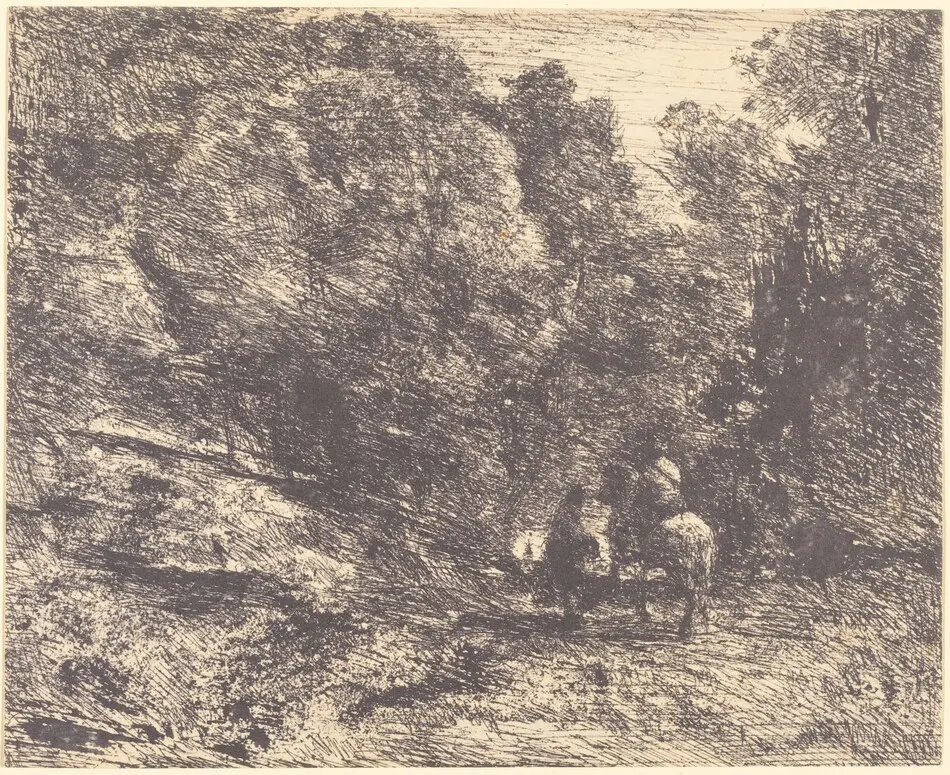 Horseman and Vagabond in the Forest (Le Cavalier en forêt et le piéton) by Jean-Baptiste-Camille Corot