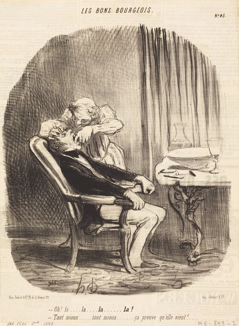 Oh! la... tant mieux... ça prouve qu'elle vient! by Honoré Daumier