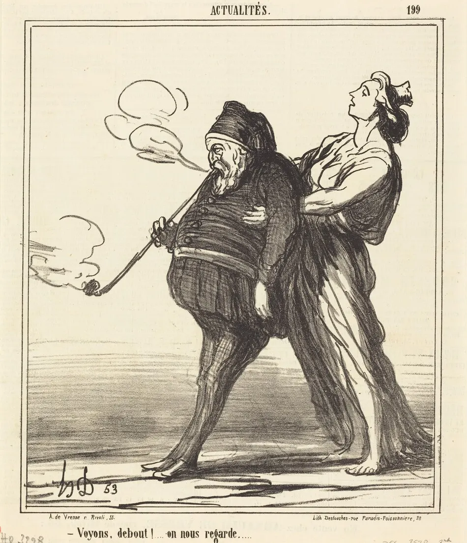 Voyons!... debout, on nous regarde by Daumier, Honoré