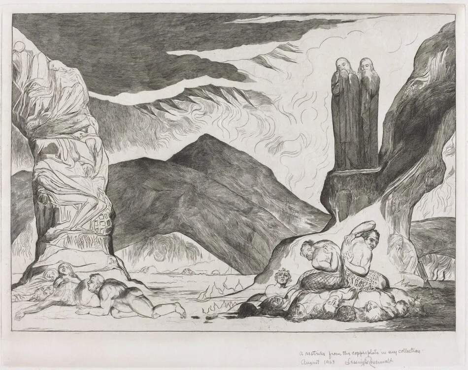 The Circle of the Falsifiers: Dante and Virgil Covering their Noses because of the stench by William Blake