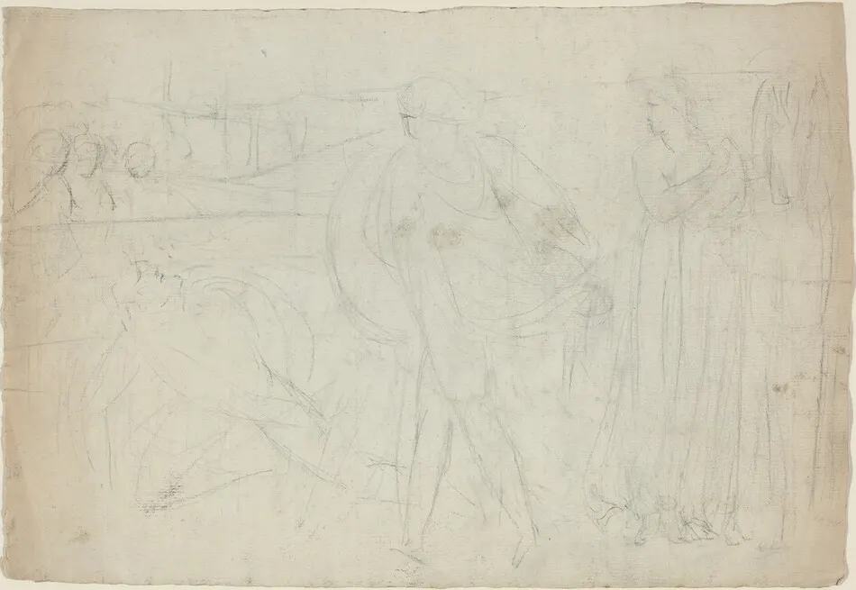 Sketch of a Swordsman Standing Over His Defeated Opponent [recto] by William Blake