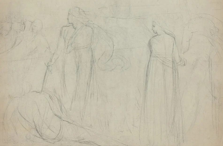Sketch of a Swordsman Standing Over His Defeated Opponent [verso] by William Blake