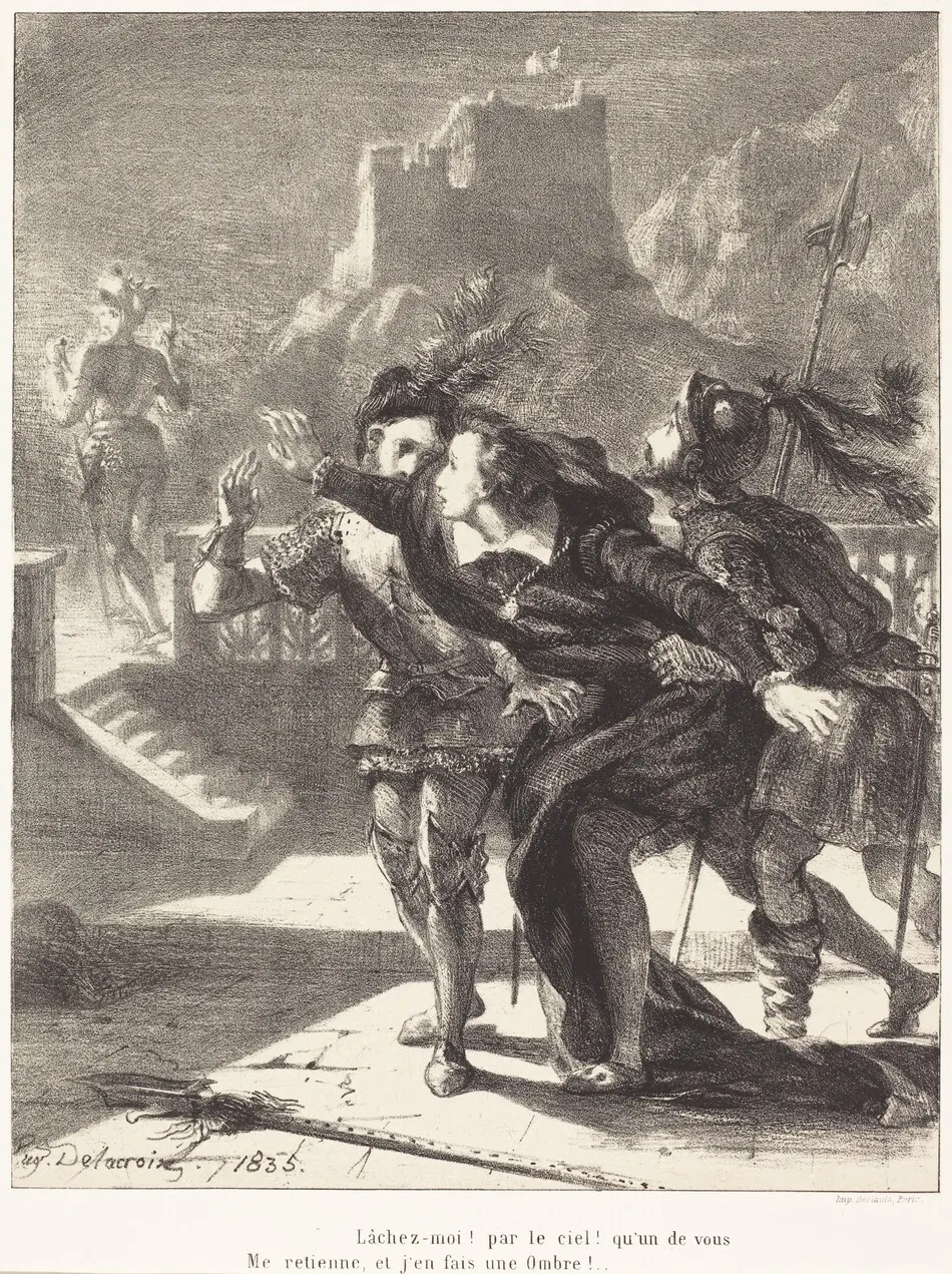 Hamlet Wishes to Follow the Ghost of his Father (Act I, Scene IV) by Eugène Delacroix