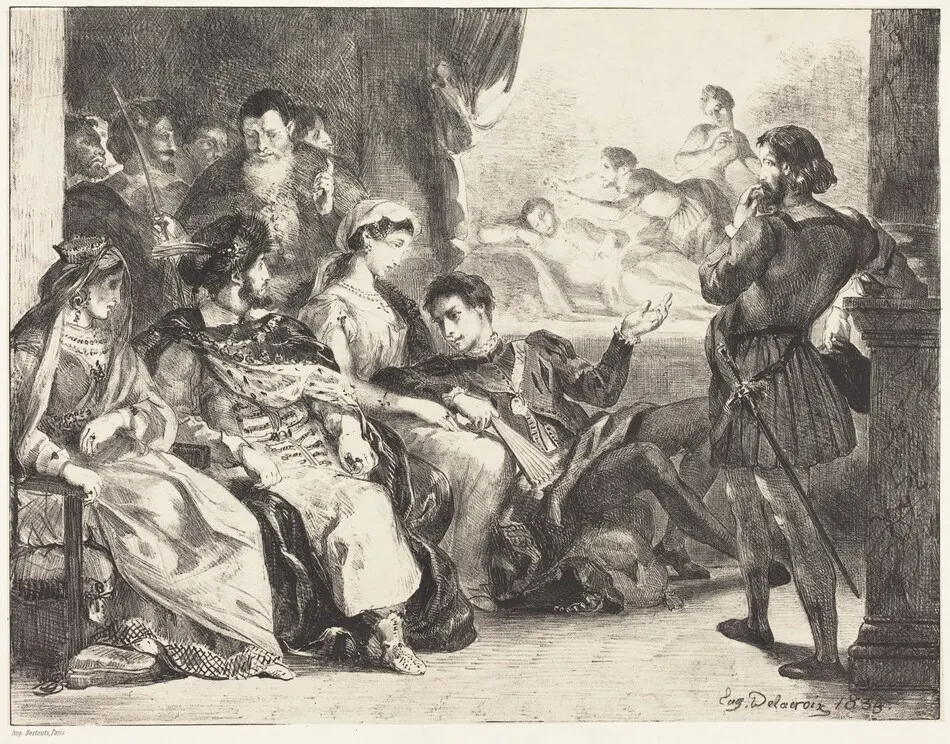 Players Enacting the Poisoning of Hamlet's Father (Act III, Scne II) by Eugène Delacroix