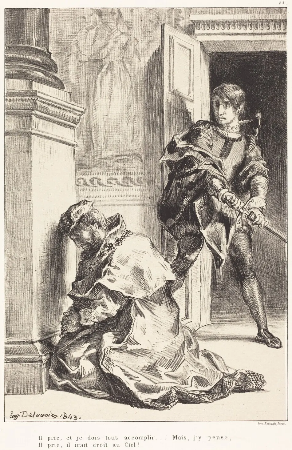 Hamlet is Tempted to Kill the King (Act III, Scene III) by Eugène Delacroix