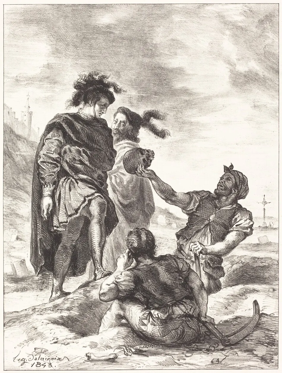 Hamlet and Horatio before the Gravediggers (Act V, Scene I) by Eugène Delacroix