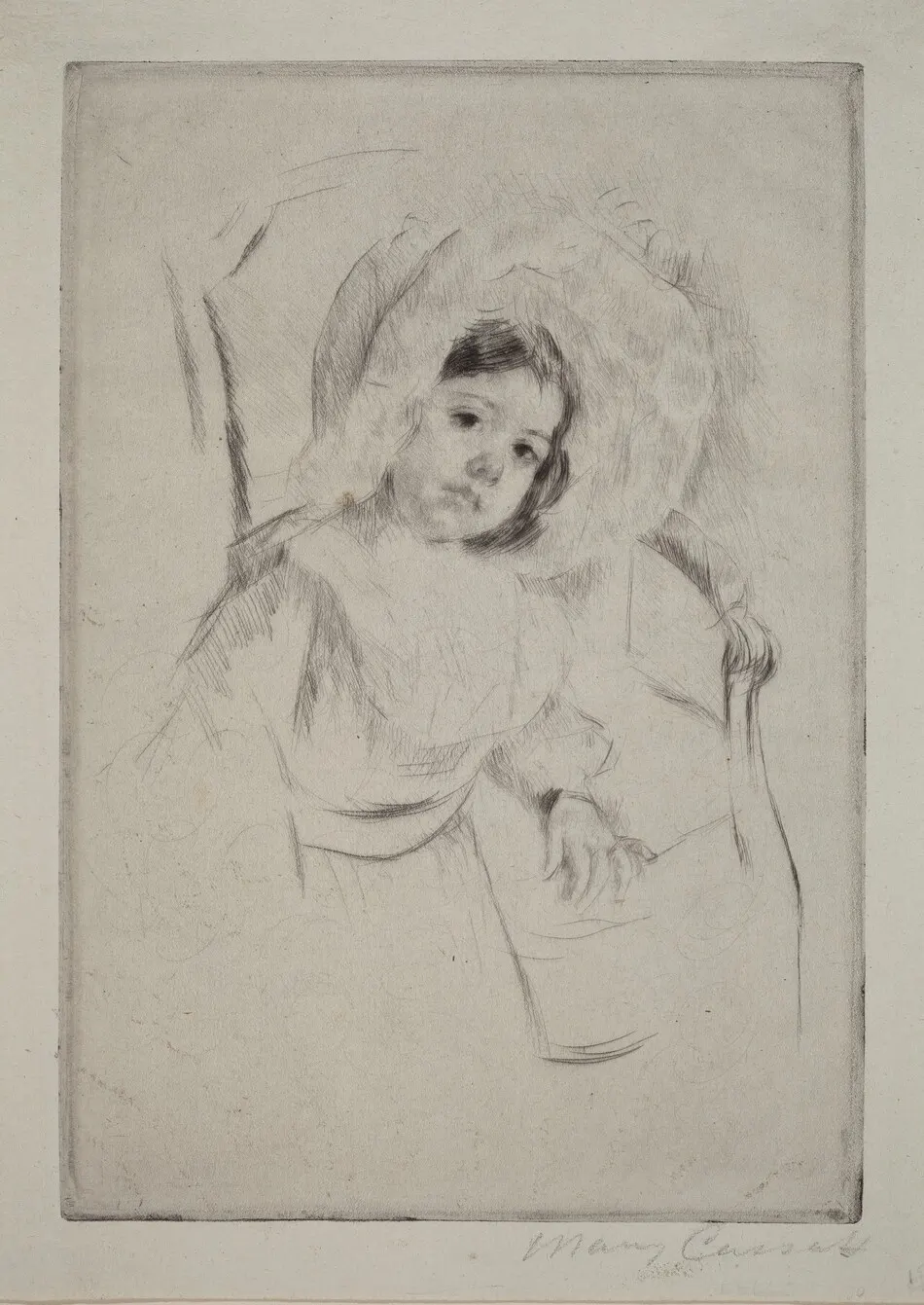 Margot in a Floppy Bonnet Leaning against a Chair by Mary Cassatt