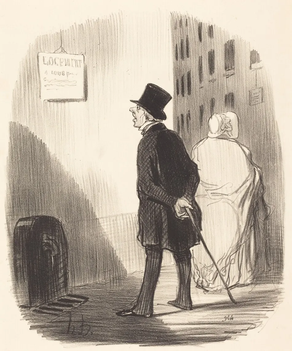 Tiens, voilà un écriteau que ma femme a passé... by Daumier, Honoré