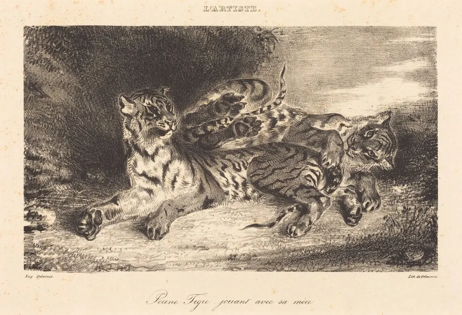 Young Tiger Playing with its Mother (Jeune tigre jouant avec sa mère) by Eugène Delacroix