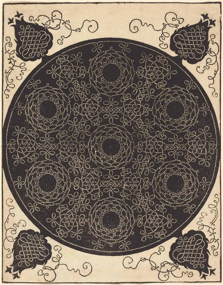 The Fourth Knot (combining seven circular groups of knots with black centers) by Albrecht Dürer