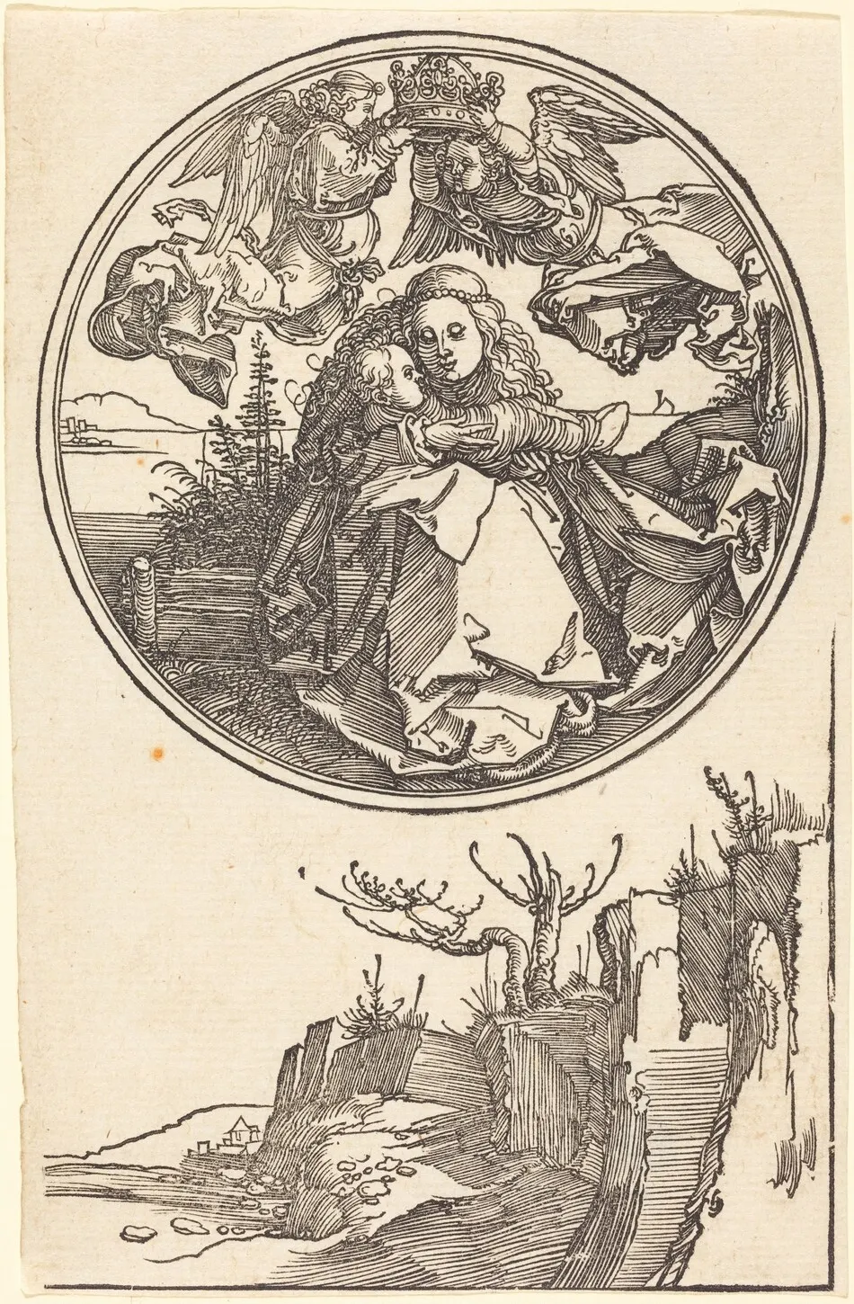 The Virgin Crowned by Two Angels above a Landscape by Albrecht Dürer