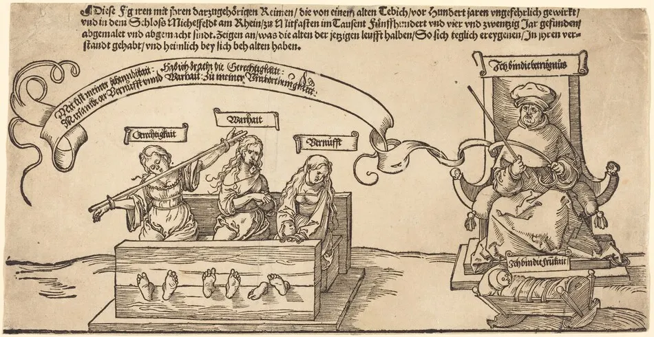 Justice, Truth and Reason in the Stocks with the Seated Judge and Sleeping Piety by Albrecht Dürer
