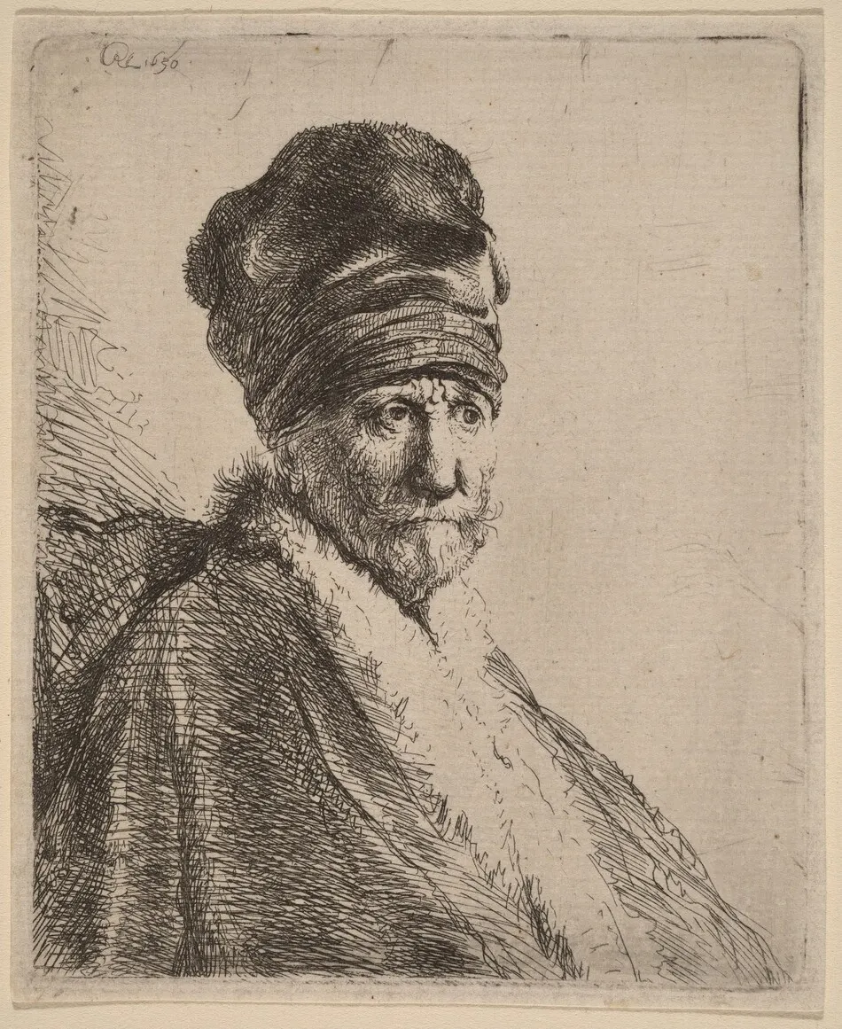 Bust of a Man Wearing a High Cap, Three-Quarters Right (The Artist's Father?) by Rembrandt van Rijn