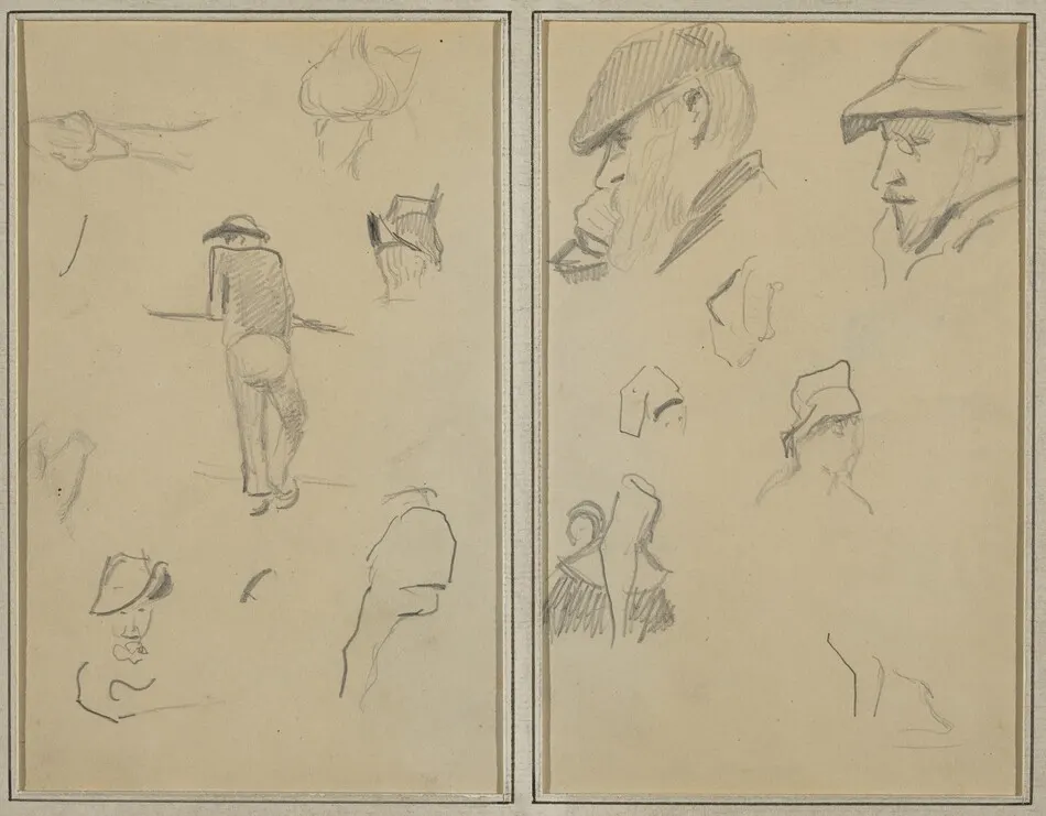 A Man Leaning on a Wall with Five Other Studies; Two Bearded Men Wearing Hats, and Five Other Studies [recto] by Paul Gauguin