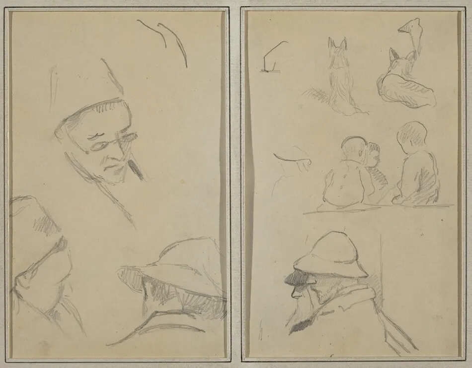 Three Studies of Men's Heads, One with Spectacles; Dogs, Children, and Two Bearded Men in Profile [verso] by Paul Gauguin