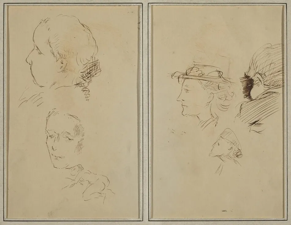 Two Head Studies and a Crouching Nude Woman; Two Women's Heads and a Head of Child [recto] by Paul Gauguin