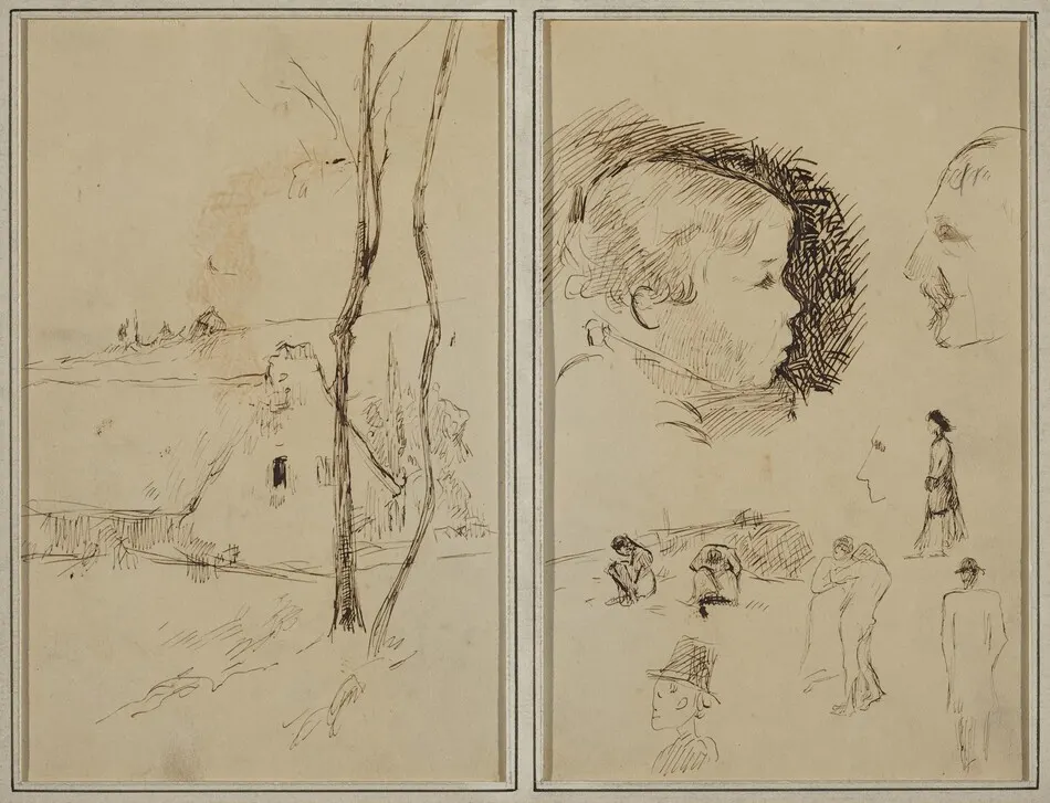 Landscape with a Cottage; Profile of Boy, Profile of Man, Two Women in a Landscape, and Five Other Studies [verso] by Paul Gauguin