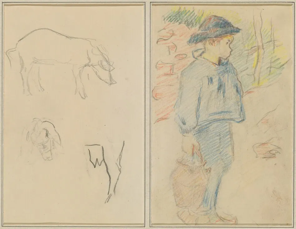 Three Studies of a Pig; Breton Boy Walking with a Jug [recto] by Paul Gauguin