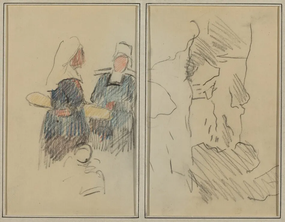 Two Breton Women; Landscape [recto] by Paul Gauguin