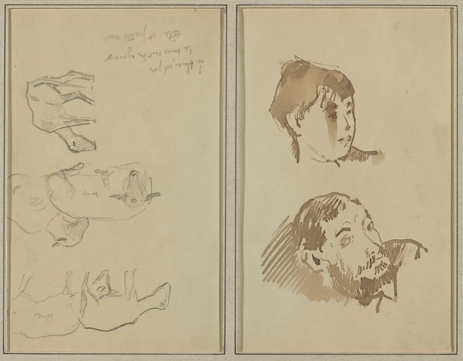 Five Sheep; Head of a Woman and Head of a Bearded Man [recto] by Paul Gauguin
