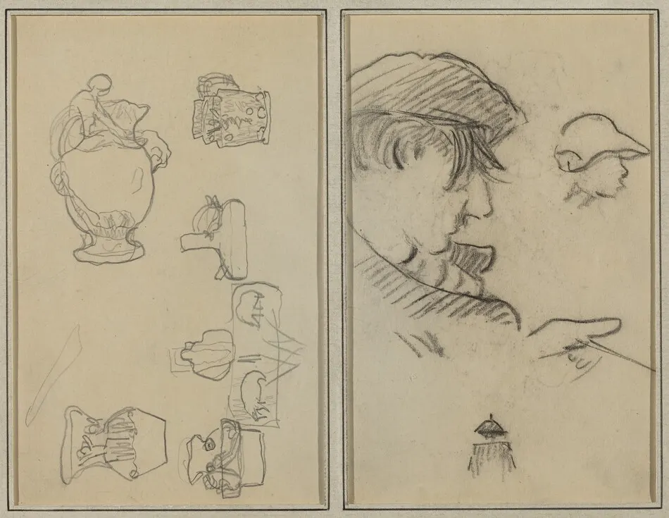 Studies of Jugs and Vases; A Man with Moustache and a Boy with a Hat [recto] by Paul Gauguin