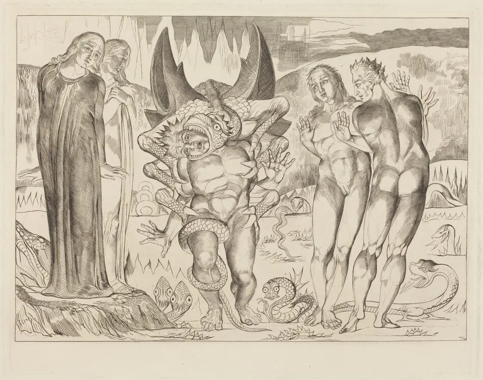 The Circle of the Thieves; Agnolo Brunelleschi Attacked by a Six-Footed Serpent by William Blake