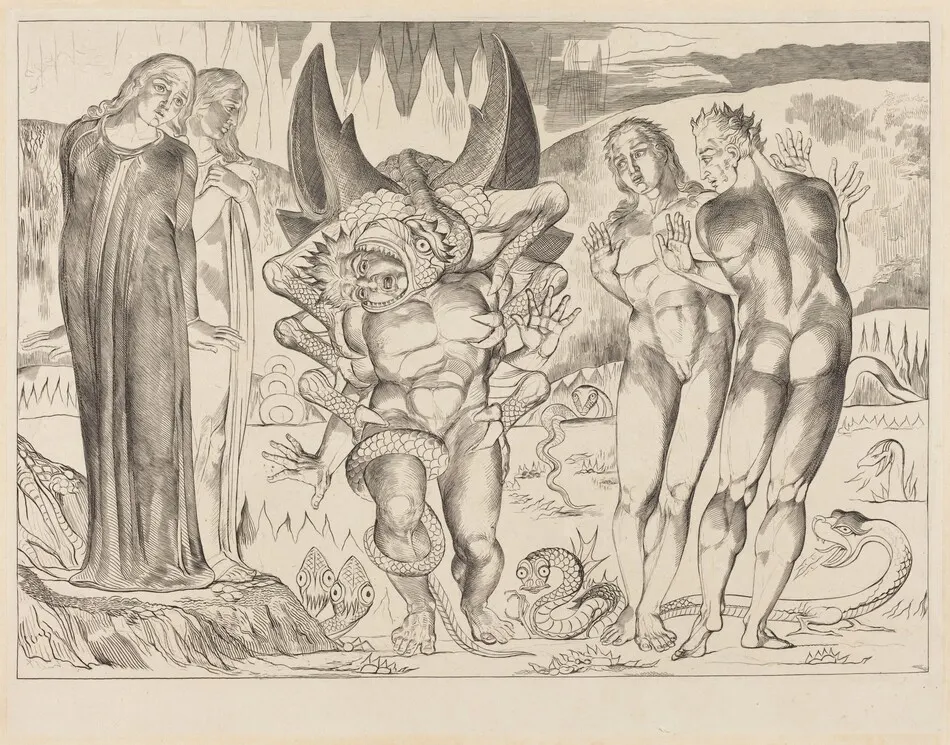 The Circle of the Thieves; Agnolo Brunelleschi Attacked by a Six-Footed Serpent by William Blake