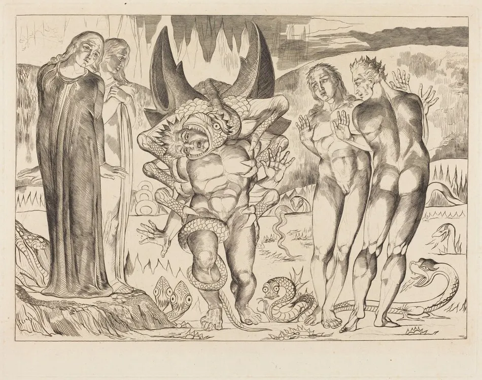 The Circle of the Thieves; Agnolo Brunelleschi Attacked by a Six-Footed Serpent by William Blake