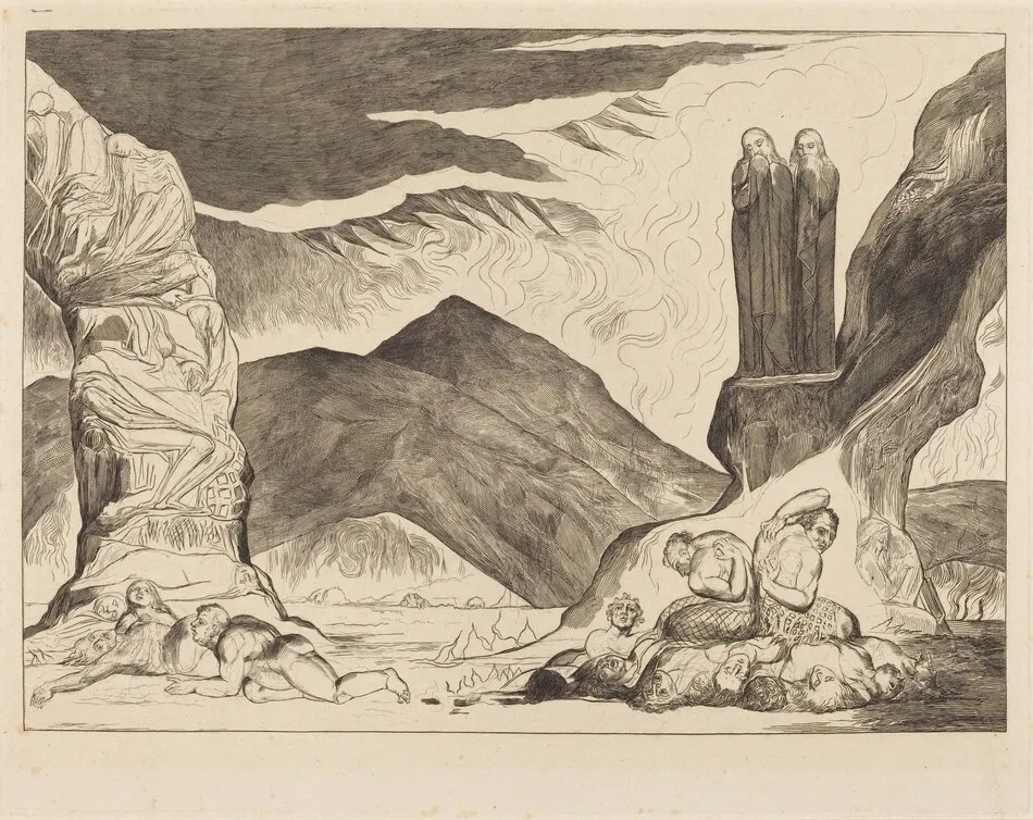 The Circle of the Falsifiers: Dante and Virgil Covering their Noses because of the st by William Blake
