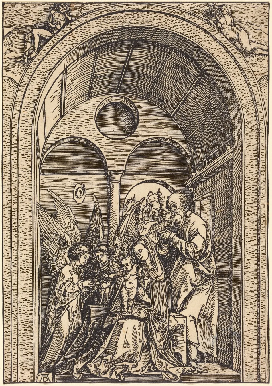 The Holy Family with Two Angels in a Vaulted Hall by Albrecht Dürer