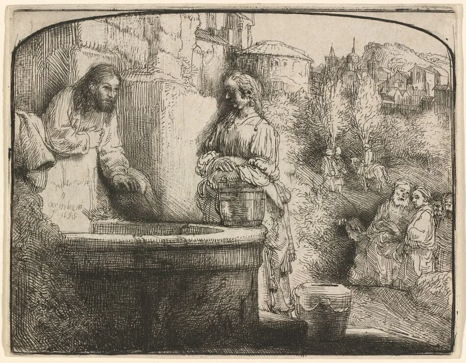 Christ and the Woman of Samaria: an Arched Print by Rembrandt van Rijn