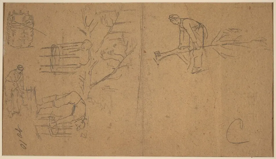 Soldiers felling sapling, and weaving saplings into baskets [verso] by Winslow Homer