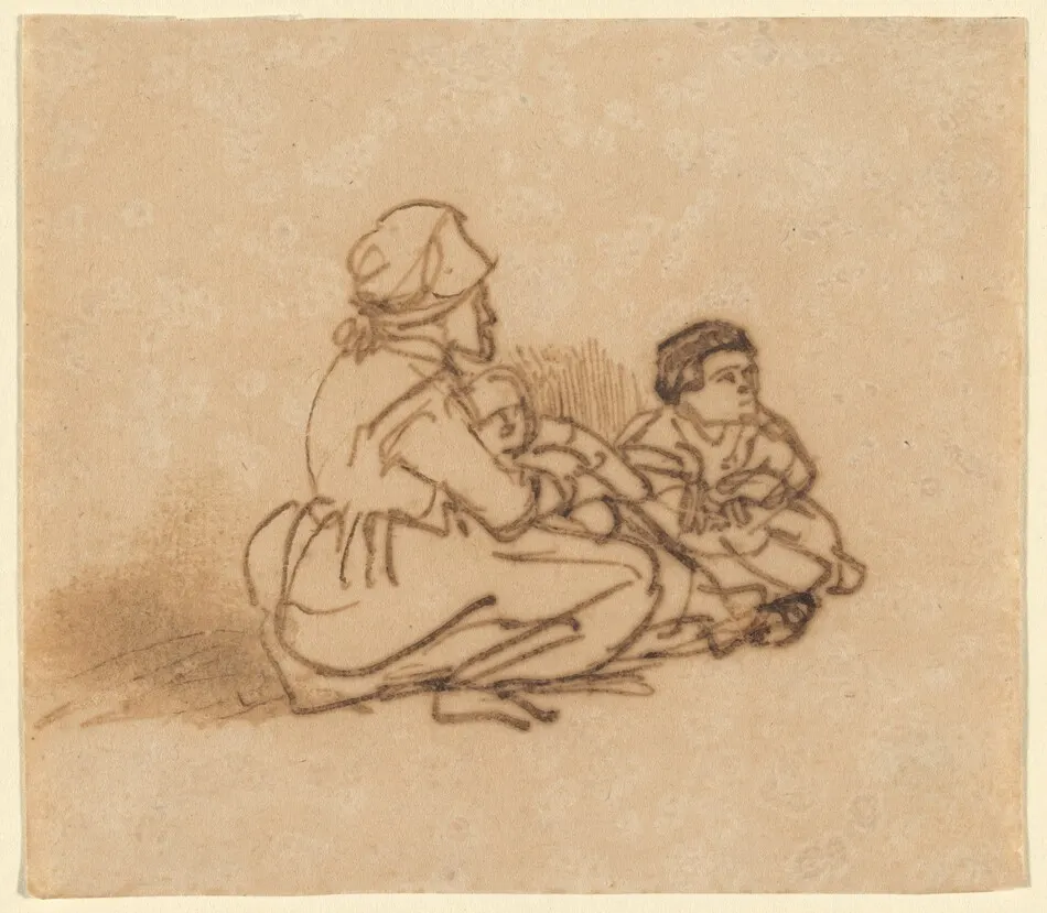 Woman Seated on the Ground with Two Children by Rembrandt van Rijn