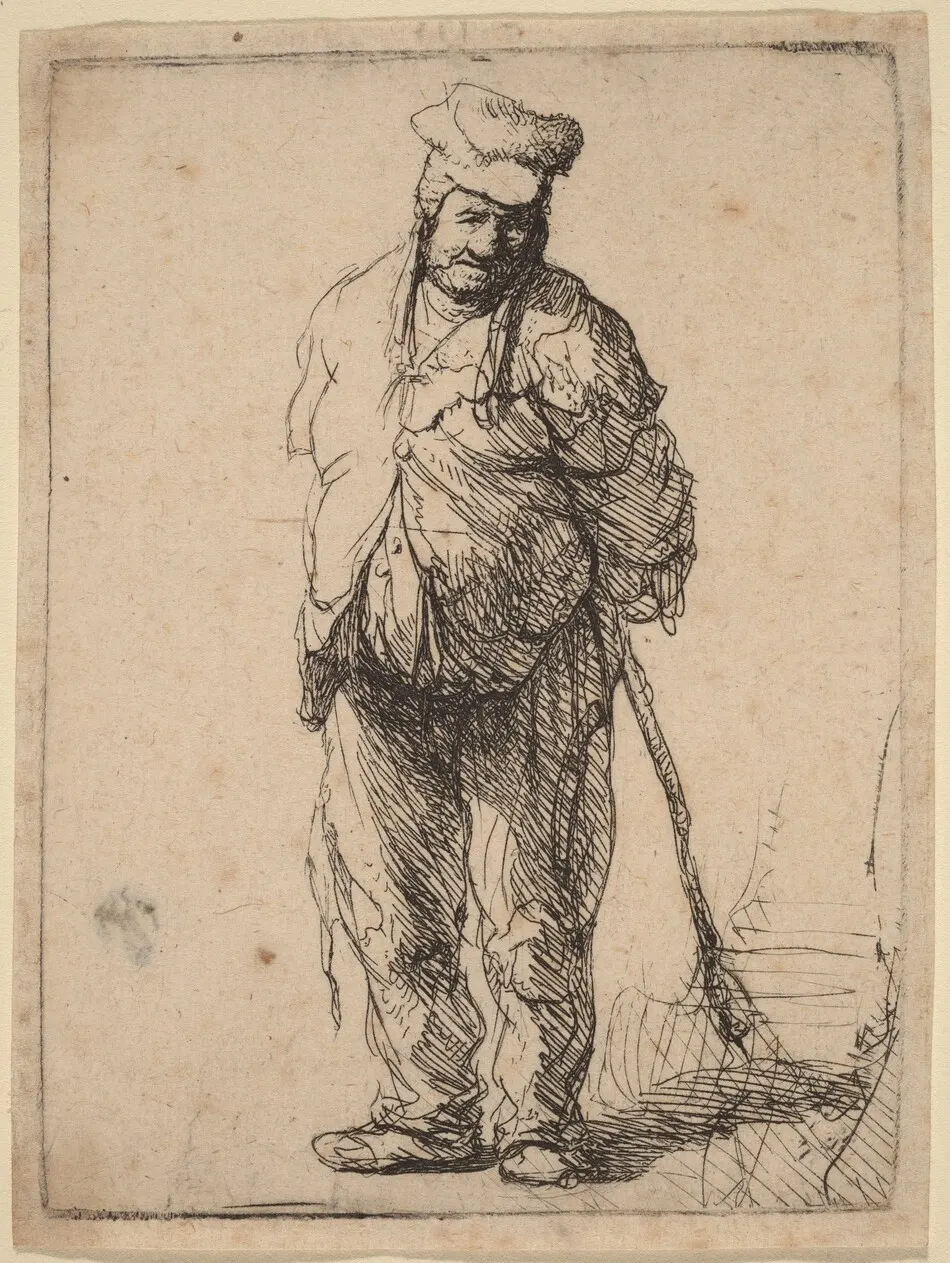 Ragged Peasant with His Hands behind Him, Holding a Stick by Rembrandt van Rijn